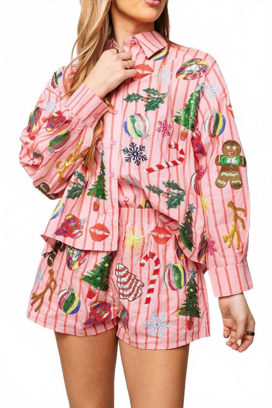 NEW QUEEN OF SPARKLES christmas icons cotton button up top in light pink & red